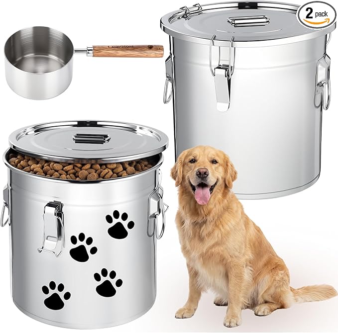 Lounsweer 2 Pack 8.9 Gal Stainless Steel Dog Food Storage Container with Lid and Locking Clamp 33 L Metal Airtight Container Large Stainless Steel Bucket with Food Scoop for Pet Feed