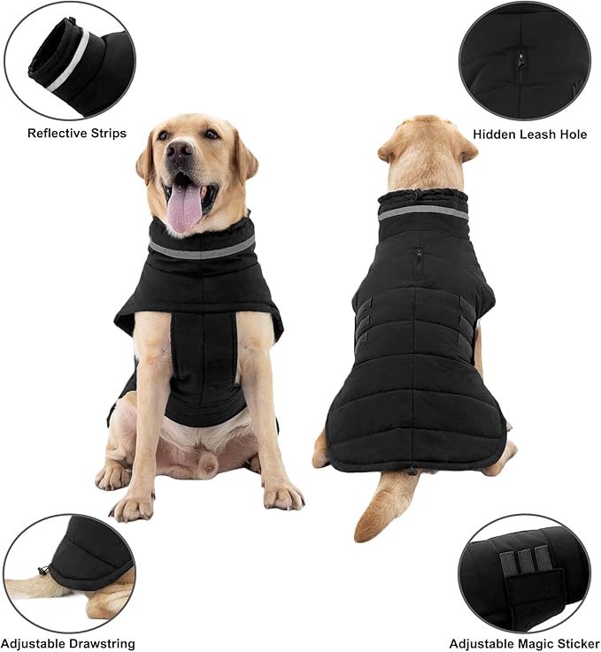 Mklhgty Waterproof Dog Coat for Small Dogs, Warm Dog Winter Jacket, Reflective Windproof Turtleneck Dog Cold Weather Coats with Adjustable Hook & Loop - Black - S