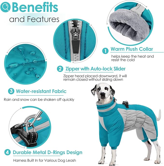 AOFITEE Fullbody Dog Coat Warm Fleece Dog Jacket, Windproof Dogs Winter Coat with Harness Built in, Reflective Turtleneck Dogs Snowsuit Puffer Jacket, Four Legged Snow Suit for Small Medium Large Pet