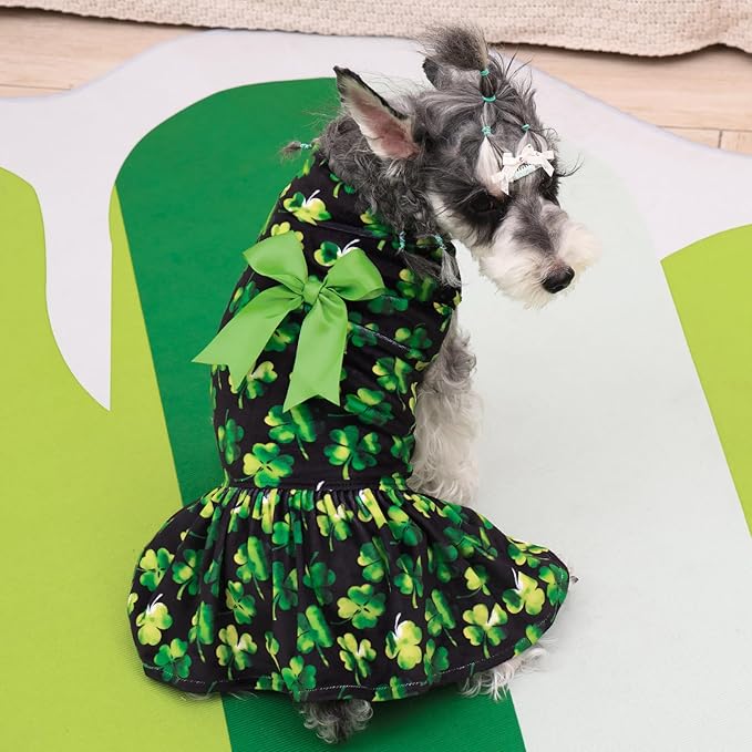 CuteBone Turtleneck Dog Velvet Dress St. Patrick's Day Four Leaf Clover Puppy Skirt Costume Pet Clothes Cat Apparel with Bow Hair Rope for Small Dogs CVD20M