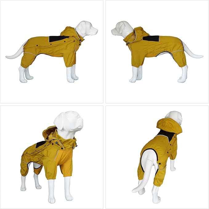 LOVELONGLONG Waterproof Dog Raincoat with Removable Hood – Outdoor Full Body Dog Jacket, Windproof Snowproof Shell Suit – All Season Pet Rain Gear Mustard Yellow XXS
