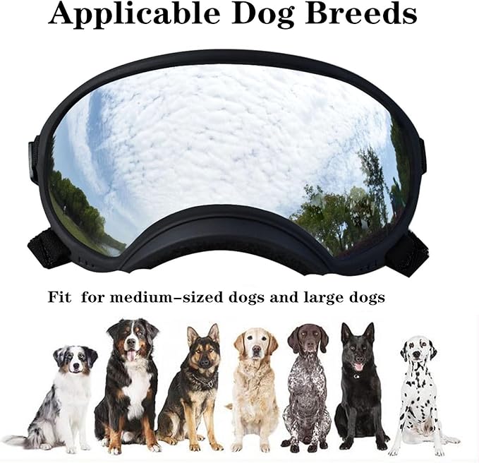 Soft Samll Dog Sunglasses Dog Goggles for Large Breed UV/Wind/Dust Protection Winproof Dog Puppy Sunglasses Pet Glasses Eye Wear with Adjustable Strap (Black Frame & Silver Lens/Small)