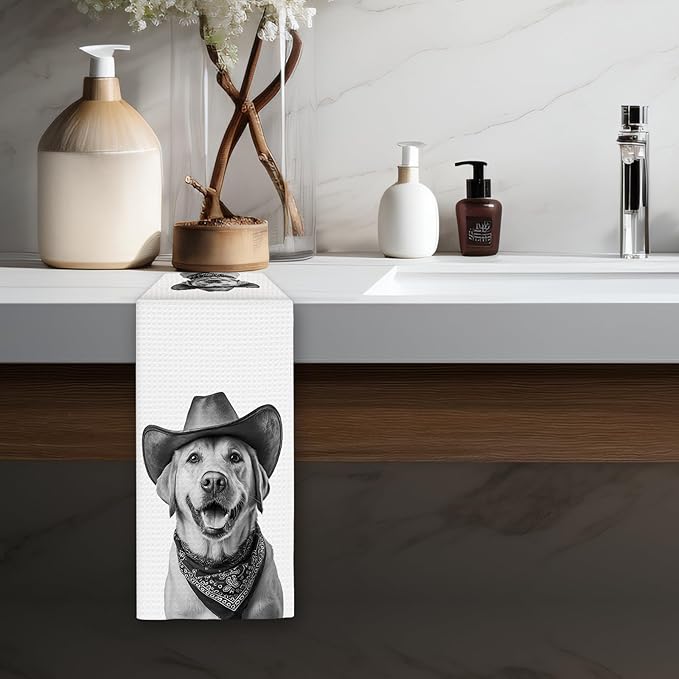 Labrador Retriever Gifts Western Dog Kitchen Towels, Gifts for Labrador Retriever Lovers Cowboy Decorative Hand Dish Tea Towel for Kitchen, Funny Dog Cowboy Cowgirl Home Bathroom Decor(16x24In)