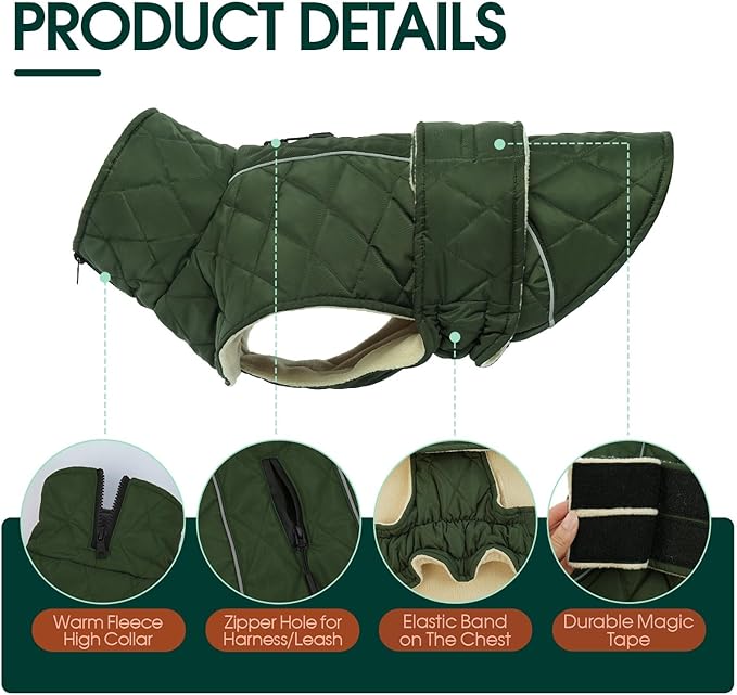 Kuoser Extra Warm Dog Coat, Windproof Cold Weather Dog Jackets for Large Dogs, Thick Fleece Lining Pet Turtleneck Snowsuit Reflective Adjustable Puppy Winter Coat Doggie Snow Jacket Green, XL