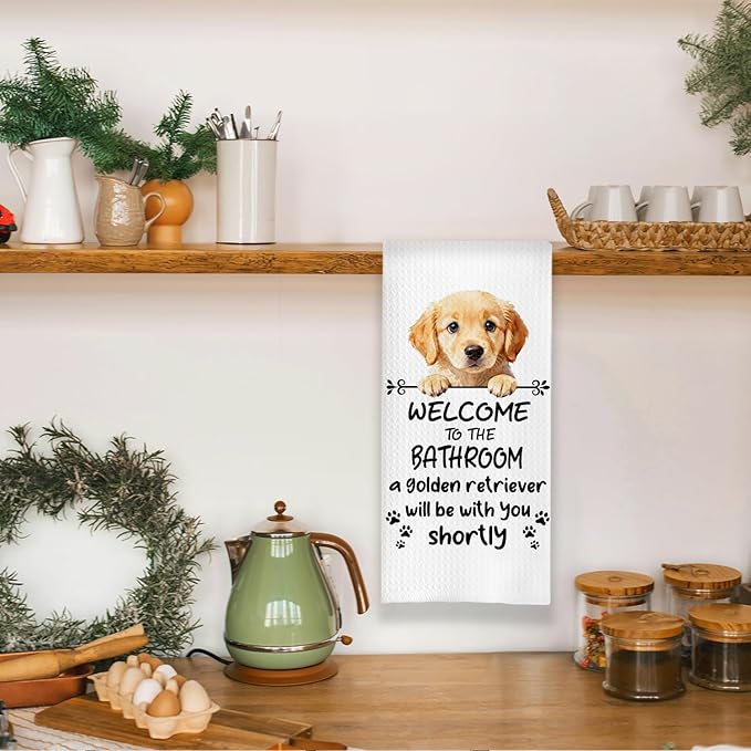 Funny Golden Retriever Dog Bathroom Hand Towels, Gifts for Golden Retriever Lovers, Welcome to The Bathroom Decorative Hand Towels for Bath Room Toilet Washroom Restroom, 16x24 Inch