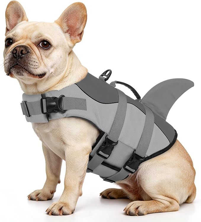 Queenmore Dog Life Jacket Ripstop Dog Safety Vest Adjustable Preserver with High Buoyancy and Durable Rescue Handle for Small,Medium,Large Dogs, Grey Shark Medium