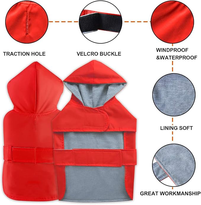 Dog Raincoat Small Dog Rain Jacket Poncho Waterproof Snowproof Pet Rain Suit Double-Layered Warm Lining Hooded Leash Hole Adjustable Puppy Small Medium Dogs,Red,S,Back Length 6.5-8.5 inches