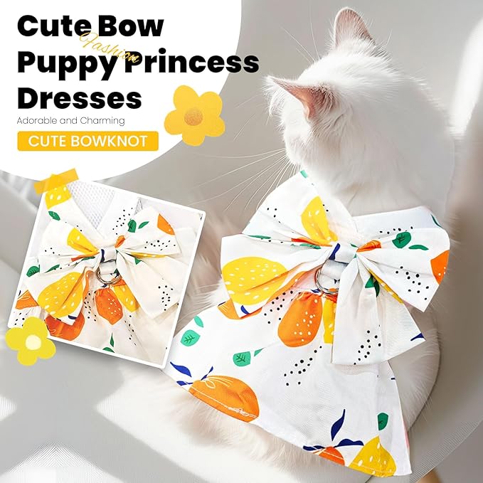 Cute Dog Dress Small Dog Clothes for Girls Female Puppy Outfits Yellow Lemon Pet Summer Clothes Bowknot Doggy Cat Princess Dress Harness for Holiday Birthday Party Costume Clothing(Yellow,M)