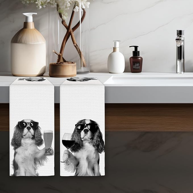 Cavalier King Charles Spaniel Gifts Wine Kitchen Towels Set of 2, Gifts for Cavalier Dog Beer Lovers Decorative Hand Dish Towel for Kitchen Home Bar, Funny Dog Home Bar Cart Decor(16x24Inch)
