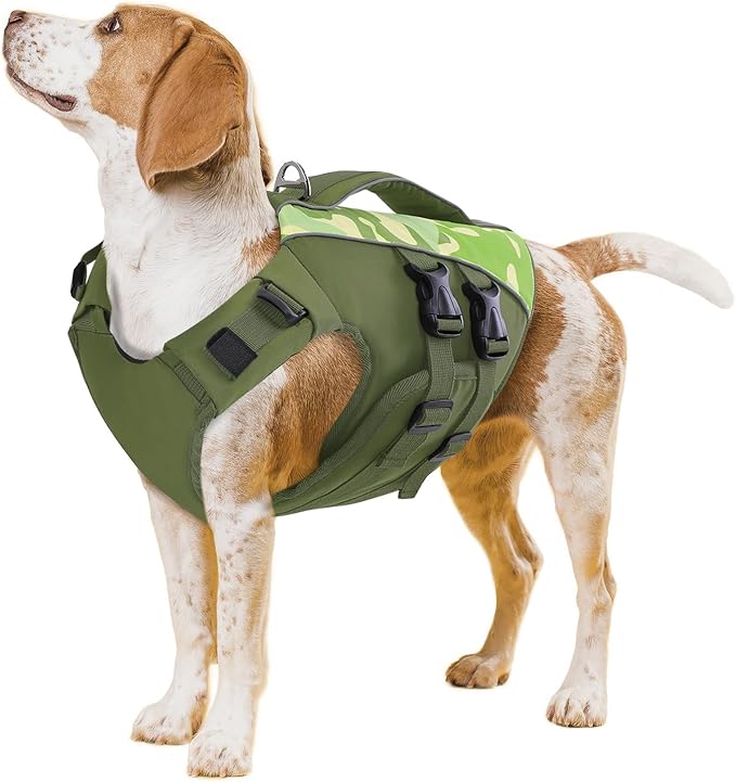 Queenmore Dog Life Jacket, Adjustable Ripstop Dog Life Vest for Swimming Boating, Pet Lifesaver with Superior Buoyancy and Rescue Handle, Pet Swimming Safety Vest(Green Camouflage,L)