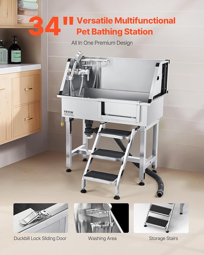 VEVOR 34 Inch Stainless Steel Dog Washing Station, Pet Grooming Tub with Hot & Cold Faucet, Showerhead, Home Wash Sink, Fits Small Cats and Dogs, Non-Slip Stairs (Right Door)