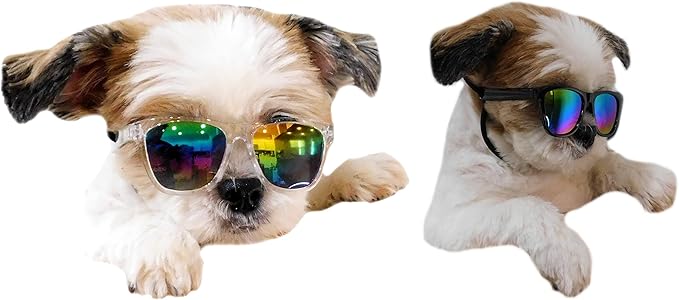 G014 Dog Cat Pet 80s Sunglasses Goggles for Small Breeds up to 15lbs (2-Pack Black-Rainbow mr+Crystal Clear-Rainbow mr)