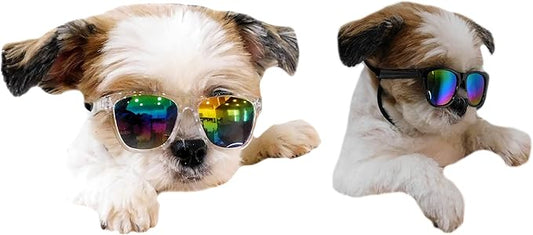 G014 Dog Cat Pet 80s Sunglasses Goggles for Small Breeds up to 15lbs (2-Pack Black-Rainbow mr+Crystal Clear-Rainbow mr)