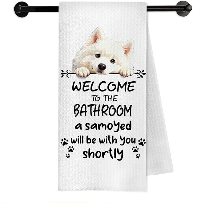 Funny Samoyed Dog Bathroom Hand Towels, Samoyed Dog Lover Gifts, Welcome to The Bathroom Decorative Hand Towels for Bath Room Toilet Washroom Restroom, 16x24 Inch