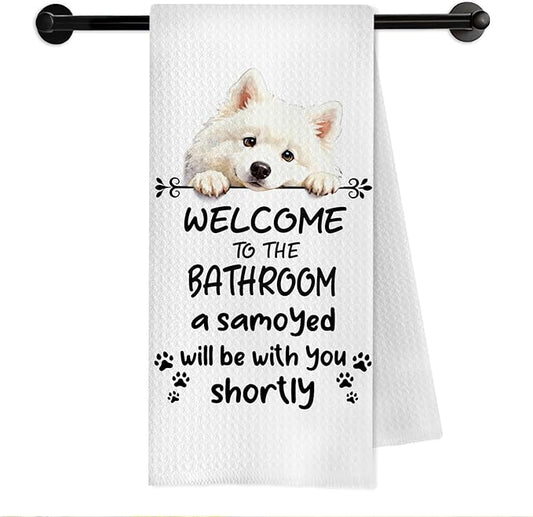 Funny Samoyed Dog Bathroom Hand Towels, Samoyed Dog Lover Gifts, Welcome to The Bathroom Decorative Hand Towels for Bath Room Toilet Washroom Restroom, 16x24 Inch