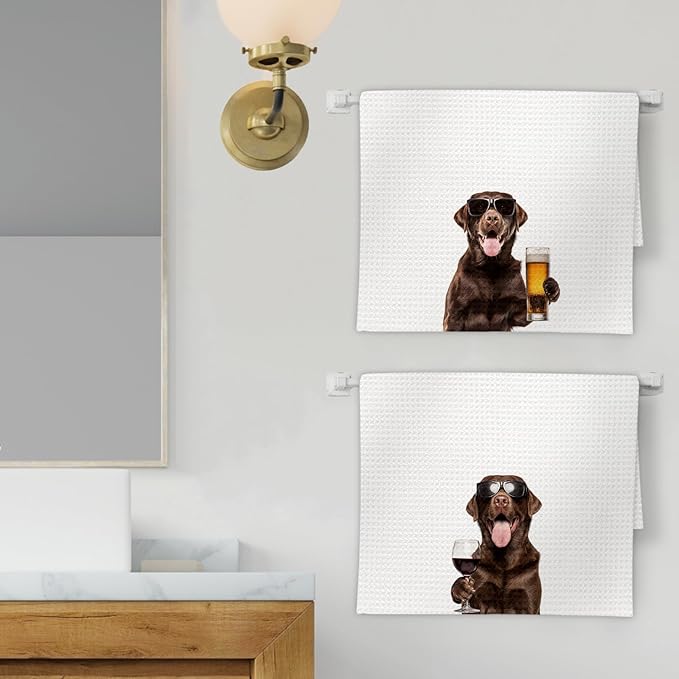 Chocolate Lab Gifts Wine Kitchen Towels Set of 2, Funny Chocolate Labrador Retriever Wine Lover Decorative Hand Dish Towel for Kitchen Home Bar, Gifts for Beer Lovers Home Bar Decor(16x24Inch)