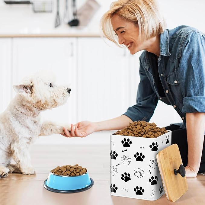 Airtight Dog Treat Container Set of 3 with Bamboo Lids Metal Treat Jars for Countertop Decorative Pet Snack Storage Canister Kitchen Biscuit Holder(White)