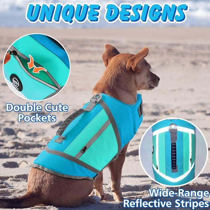 EMUST Dog Life Vests for Boating, Water-Resistant Dog Swimming Vest with Rescue Handle, Comfortable Fit Dog Life Jacket Medium with D-Ring for Dog Leash for Rafting, Surfing, Canoeing, Blue, M