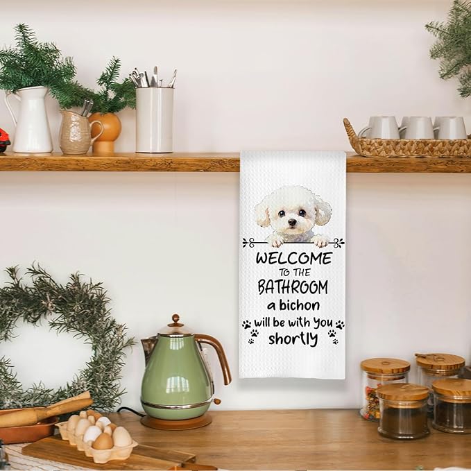 Funny Bichon Frise Dog Bathroom Hand Towels, Bichon Frise Gifts for Women, Welcome to The Bathroom Decorative Hand Towels for Bath Room Toilet Washroom Restroom, 16x24 Inch