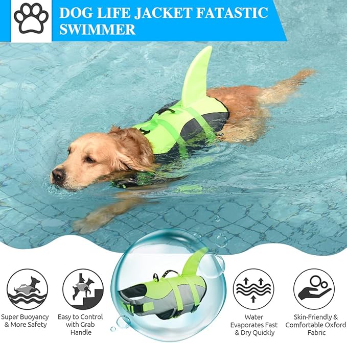 Fragralley Dog Life Jacket Shark, Dog Life Vest Adjustable Ripstop, Dog Swimming Safety Vest with Superior Buoyancy & Rescue Handle for Small Medium Large Dogs, Swim, Pool, Beach, Boating
