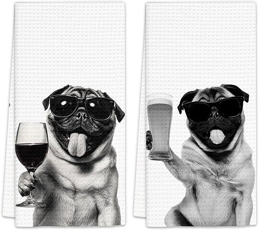 Gifts for Pug Dog Wine Lovers Kitchen Towels Set of 2, Pug Gifts Wine Decorative Hand Dish Towel for Kitchen Home Bar, Funny PugDog Beer Lover Home Bar Cart Decor(16x24 Inch)