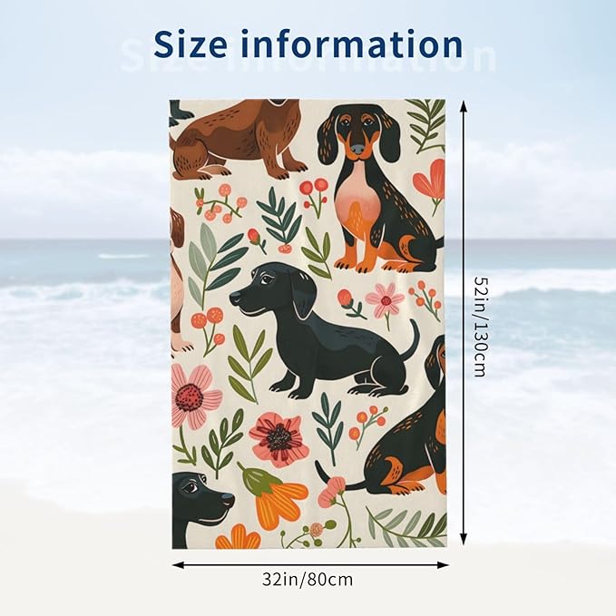Dachshund Floral Beach Towel 31inx51in, Cute Dog Sand-Free Microfiber Bath Towel Ultra Soft Quick Dry Pool Towel Absorbent Towel Lightweight Towel for Swimming Bathroom Decor