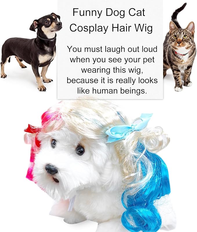 Funny Dog Wig Pet Costumes, Cat Costume Synthetic Hairpiece Cosplay Wigs, Headwear for Halloween Christmas Festivals Party Decor, Fancy Dress,Adjustbale Size,20CM Half Pink Half Blue