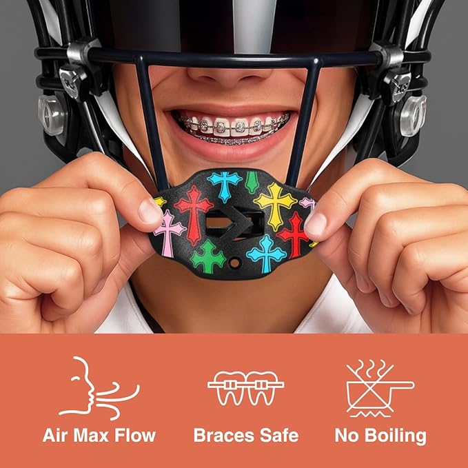 SLEEFS Football Mouth Guard - Youth Mouthguard with Strap - Lip/Teeth Protector Mouthpiece - No Boil - for Youth/Adults, Maximum Air Flow, for All Sports - Crosses Chroma Black