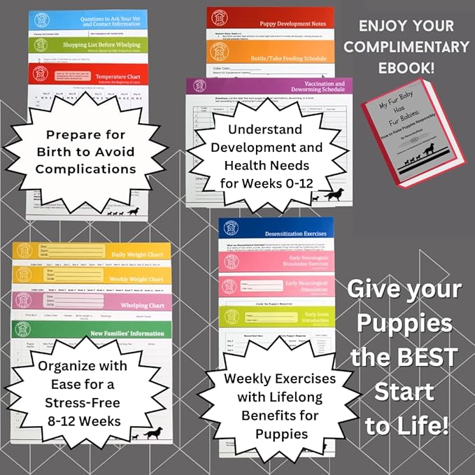 Dog Breeding Supplies and Charts- Puppy Birth Planning, Vaccine Record Book to Track Dewormer for Puppies/Dog Flea Medicine, Bottle Feeding Chart, More Whelping Supplies or Newborn Puppy Essentials