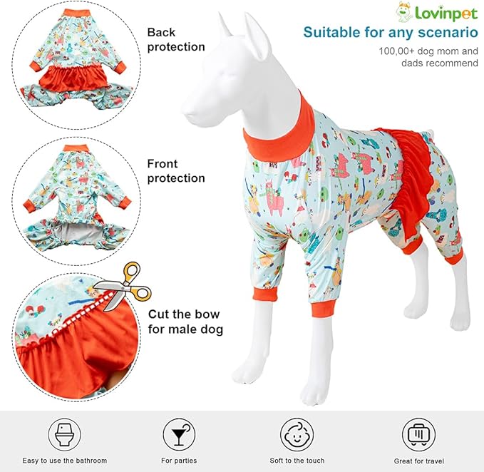LovinPet Dog Large Clothes - High Collar Cotton Dog Bodysuit, UV Protection, Post Surgery Recovery Shirt, Lightweight Knit Stretchy Fabric, Aqua Alpaca Print, Pet Pajamas for Dogs, Orange 3XL