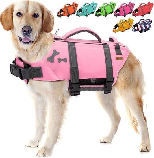 EMUST Dog Life Preserver, Good Visibility Dog Flotation Vest for Swimming Beach Boating Kayaking, Pet Water Vest for Medium Dogs, SakuraPink, M