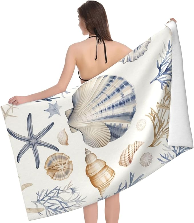Seashell Starfish Beach Towel,32x52in Microfiber Quick Dry Coastal Ocean Coral Shells Bath Towels,Soft Lightweight Oversized Sand Free,for Travel Pool Swimming Gym Decor,Gifts