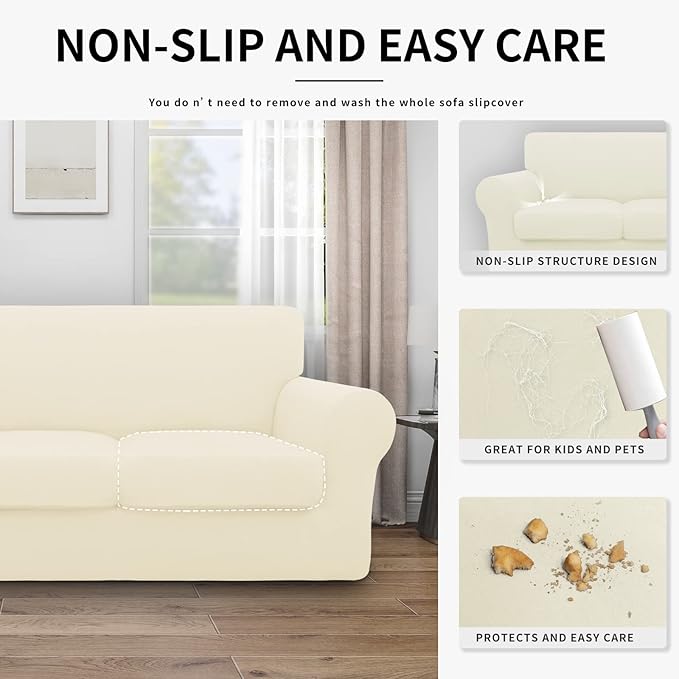 Easy-Going 100% Dual Waterproof 3 Pieces Loveseat Cover Stretch Soft Couch Cover for Dogs, Sofa Slipcover for 2 Separate Cushion Couch Leakproof Furniture Protector for Kids, Pets Ivory