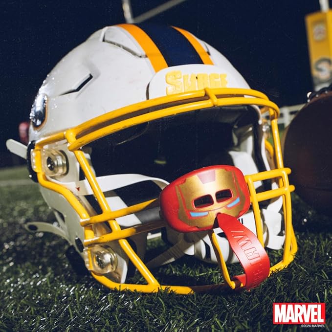 Marvel Iron Man Lip Guard, Football Mouth Guard with Detachable Strap, Lip Protector Adults and Junior, American Football, Lacrosse (One Size, Red Metallic)