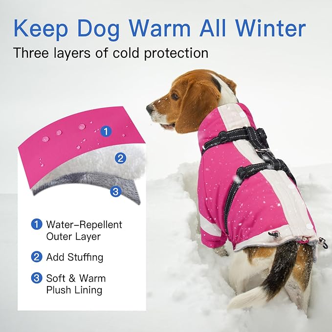 Turtleneck Dog Coat with Harness Built in - S,Soft Warm Lining | Adjustable Reflective Harness Coats for Small Dogs,Snow Day Water-Repellent,Windproof & Cold-Resistant Jacket (Rosered)