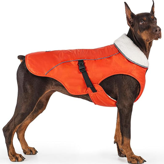 EMUST Dog Cold Weather Coats, Fleece Lining Small/Medium/Large Dog Jacket for Winter, Warm Waterproof Pet Winter Clothes for Large Dogs, Orange, XL