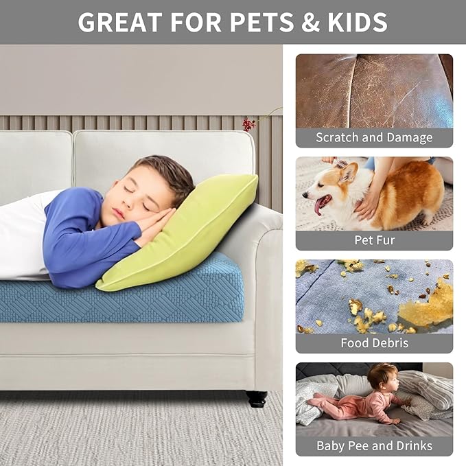 Easy-Going Waterproof Couch Cushion Covers for Couches and Sofas, Stretch Jacquard Sofa Seat Cover Replacement for Dogs, Pets & Kids, Durable Furniture Protector for Chair Cushions, Lake Blue