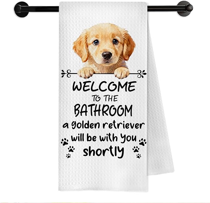 Funny Golden Retriever Dog Bathroom Hand Towels, Gifts for Golden Retriever Lovers, Welcome to The Bathroom Decorative Hand Towels for Bath Room Toilet Washroom Restroom, 16x24 Inch