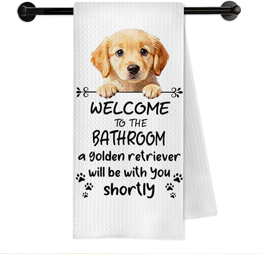 Funny Golden Retriever Dog Bathroom Hand Towels, Gifts for Golden Retriever Lovers, Welcome to The Bathroom Decorative Hand Towels for Bath Room Toilet Washroom Restroom, 16x24 Inch