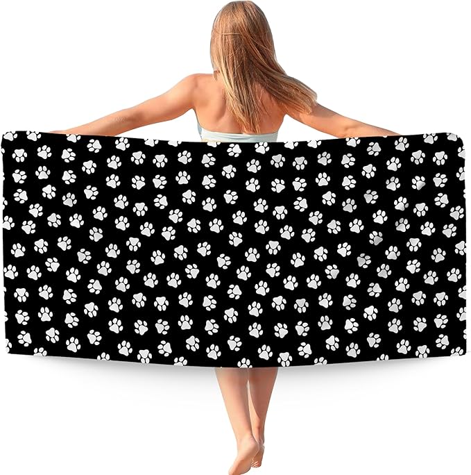 Black Paws Dog Pet Beach Towel Gifts for Women Dog Lovers Owner, Funny Cute Quick Dry Travel Sand Free Beach Towels Oversized Decor for Bathroom Swimming Pool 30x60in