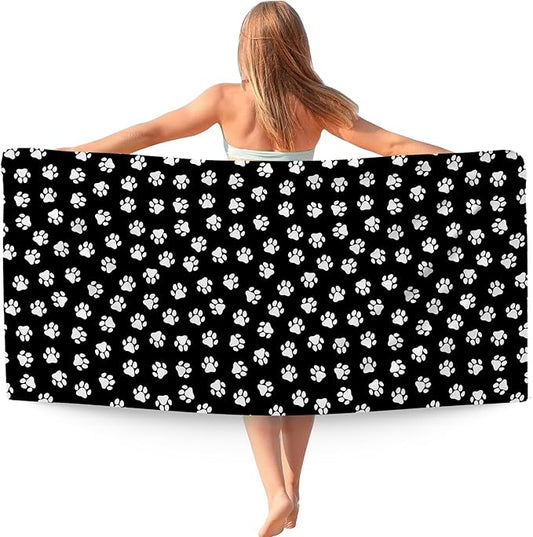 Black Paws Dog Pet Beach Towel Gifts for Women Dog Lovers Owner, Funny Cute Quick Dry Travel Sand Free Beach Towels Oversized Decor for Bathroom Swimming Pool 30x60in