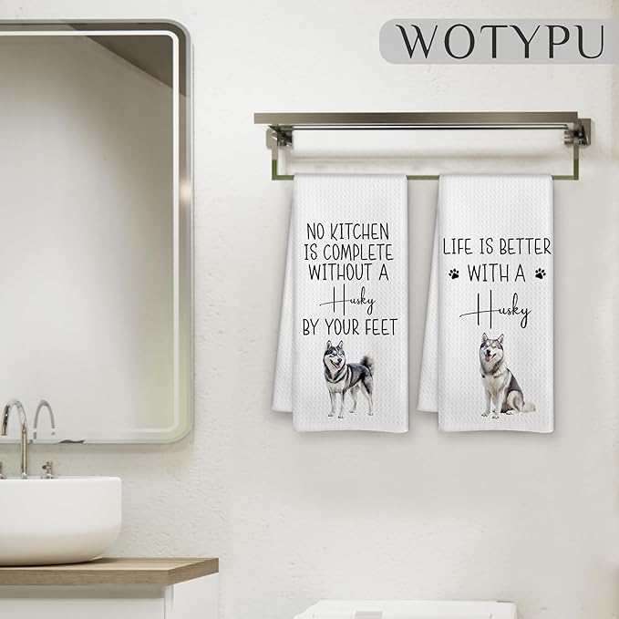 Funny Husky Kitchen Towels, Gifts for Husky Lovers, Dog Mom Dad Gifts Dish Tea Towels for Kitchen, Housewarming Gift Decorative Hand Towel, 16x24 Inch Set of 2