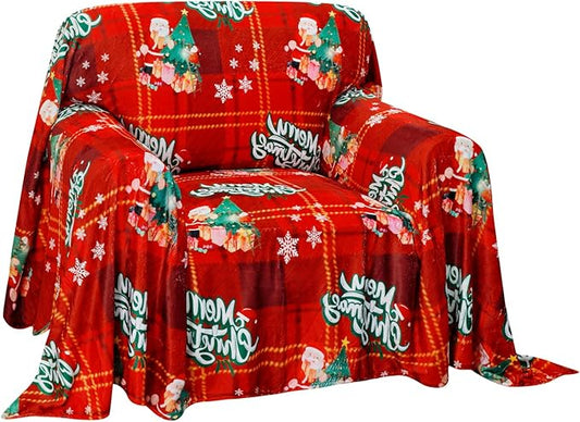Easy-Going 80X102 inches Merry Christmas Chair Sofa Cover, Jacquard Velvet Couch Slipcover for 1 Cushion Couch, L Shape Sectional Covers for Dogs, Washable Sofa Blanket, Furniture Protector