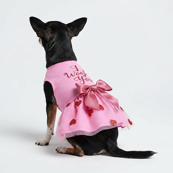 Fitwarm I Woof You Valentines Dog Dress 100% Cotton Girl Dog Clothes Pet Apparel Doggie Tutu with Bowknot Cat Clothing Puppy Dresses Doggy Costume Attire Pink XX-Small
