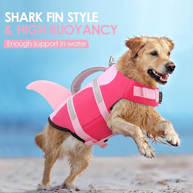 AOFITEE Dog Life Jacket, Dog Life Vest for Swimming, Shark Dogs Swimming Vest with Rescue Handle and Reflective Stripe, Ripstop Pet Float Coat Swimsuit Lifesaver Small Medium Large Dogs Pink S