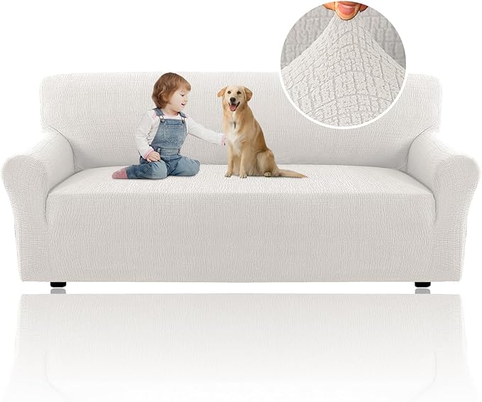 H.VERSAILTEX Jacquard Sofa Cover 1 Piece Stretch Sofa Slipcovers Non Slip Sofa Cover with Elastic Bottom Washable Furniture Protector for Kids, Pets Crizzle Pattern(Sofa, Pale Oak)
