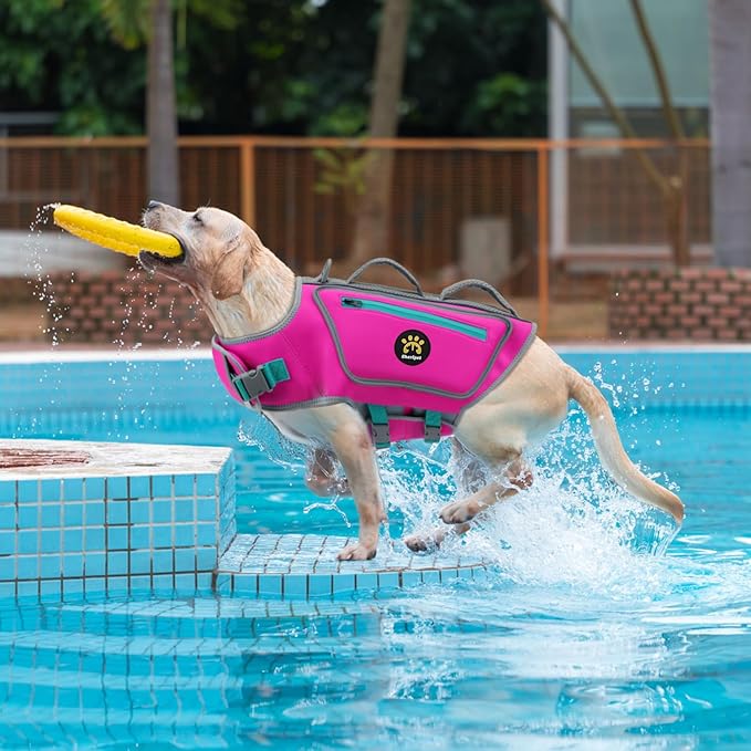 Dog Life Vests for Swimming, High Visibility Dog Life Jacket Lightweight Adjustable Reflective Dogs Swim Vest for Boating, High Floating Pet Life Preserver with Rescue Handle (Rosepink, XL)