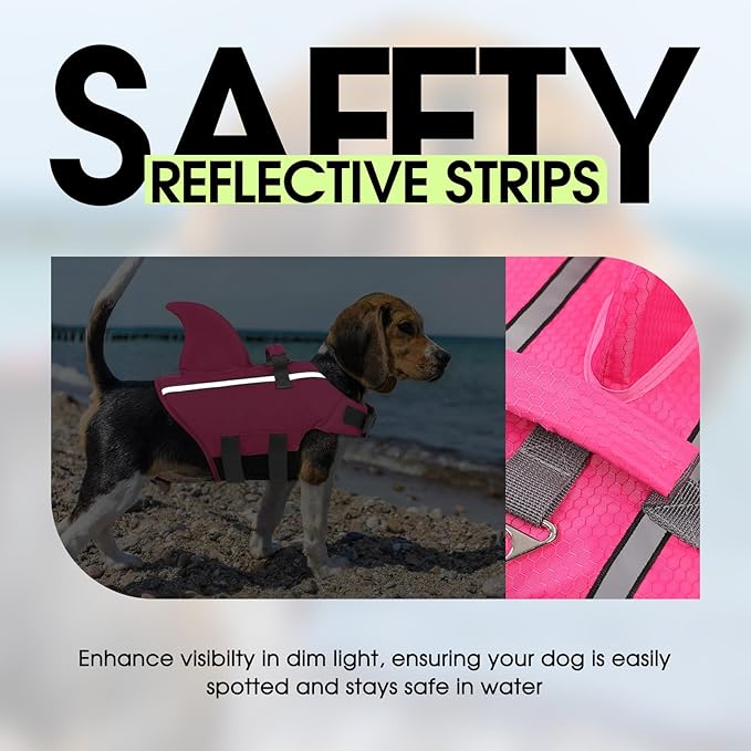 SUNFURA Dog Life Jacket Shark Life Vest for Dogs, Adjustable Swmming Vest with High Buoyancy, Safety Lifesaver with Rescue Handle for French Bulldog Small Medium Breeds, Hot Pink L