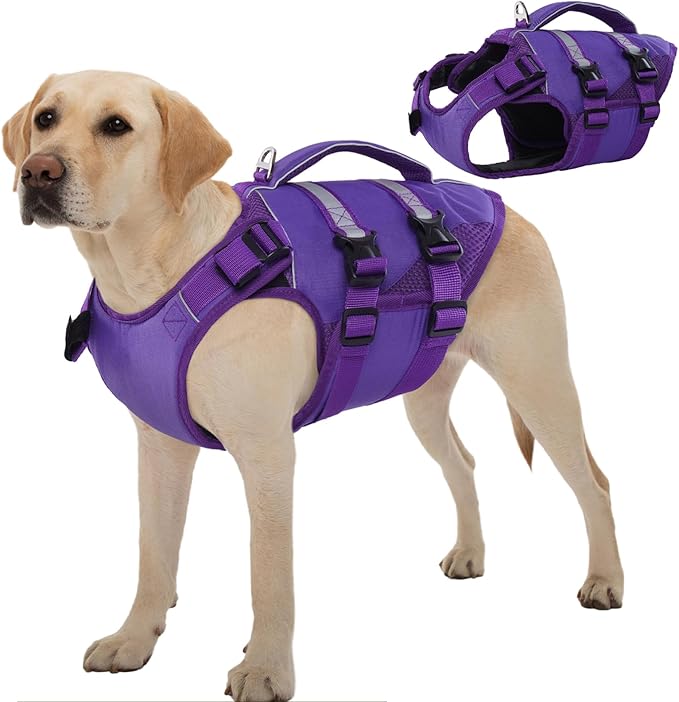 Kuoser Dog Life Jacket, High Flotation Dog Life Vest for Swimming Boating, Adjustable Ripstop Pet Lifesaver for Small Medium and Large Dogs, Reflective Safety Puppy Swimming Vest with Rescue Handle
