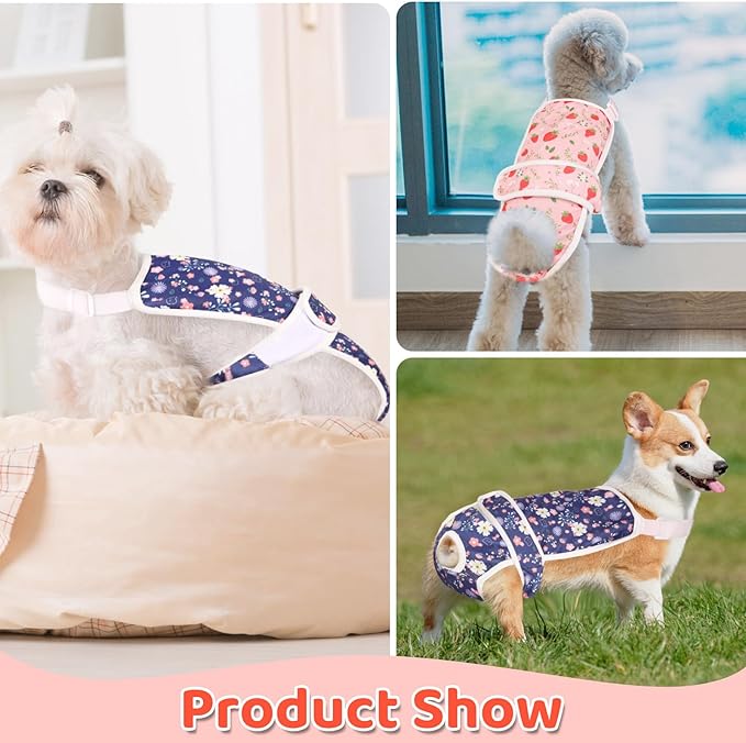 2 Pcs Dog Diaper Suspenders Female, Washable Dog Panties for Dogs with Cute Print, Escape Proof Dog Underwear Diapers, Reusable Pet Sanitary Pantie for Small Medium Girl Dogs,Strawberry Flower,M